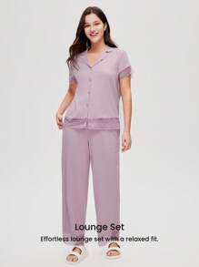 LUVLETTE Bộ đồ ngủ mùa hè cho nữ, chất liệu 100% cotton nguyên chất, thoáng khí, màu hồng tím nhạt, phối ren thanh lịch, kiểu dáng rừng sương, gồm áo ngắn tay cài cúc và quần dài, kiểu dáng thoải mái, thoáng mát, có túi, thích hợp cho không gian sống lãng mạn và ấm cúng tại nhà. - Màu tím - Xem 7
