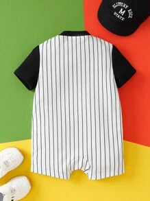 LOONEY TUNES X SHEIN 男婴卡通可爱休闲黑白条纹印花短袖连体衣