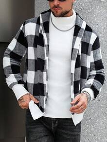 Manfinity CasualCool 男士格子印花休闲时尚长袖抓绒外套，秋冬季 - 彩色 - 查看 1