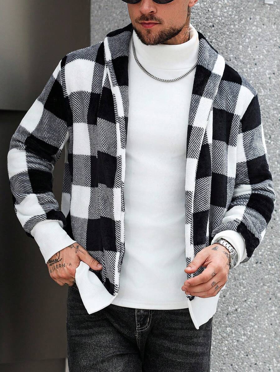 Manfinity CasualCool 男士格子印花休闲时尚长袖抓绒外套，秋冬季 - 彩色 - 查看 1