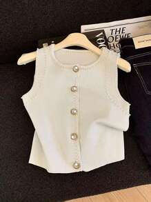 Franclia 百搭单排扣仿珍珠圆领无袖短款针织背心针织衫，适合大学校园休闲春季穿着 - 杏色 - 查看 1