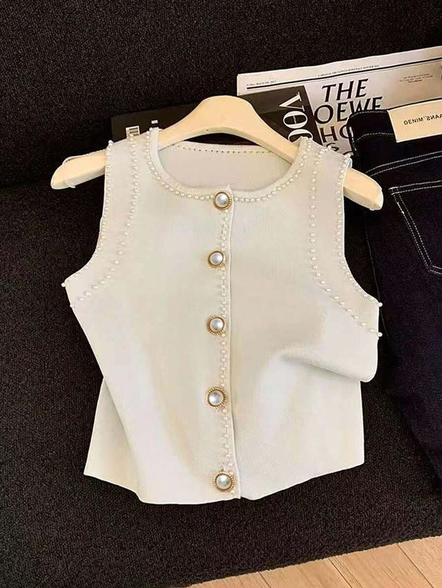 Franclia 百搭单排扣仿珍珠圆领无袖短款针织背心针织衫，适合大学校园休闲春季穿着 - 杏色 - 查看 1