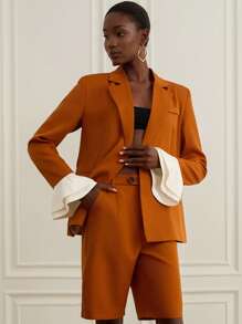 Aveloria Modichic 女式荷叶边袖口拼接披肩翻领腰带阔腿长袖西装套装 - 橘色 - 查看 5