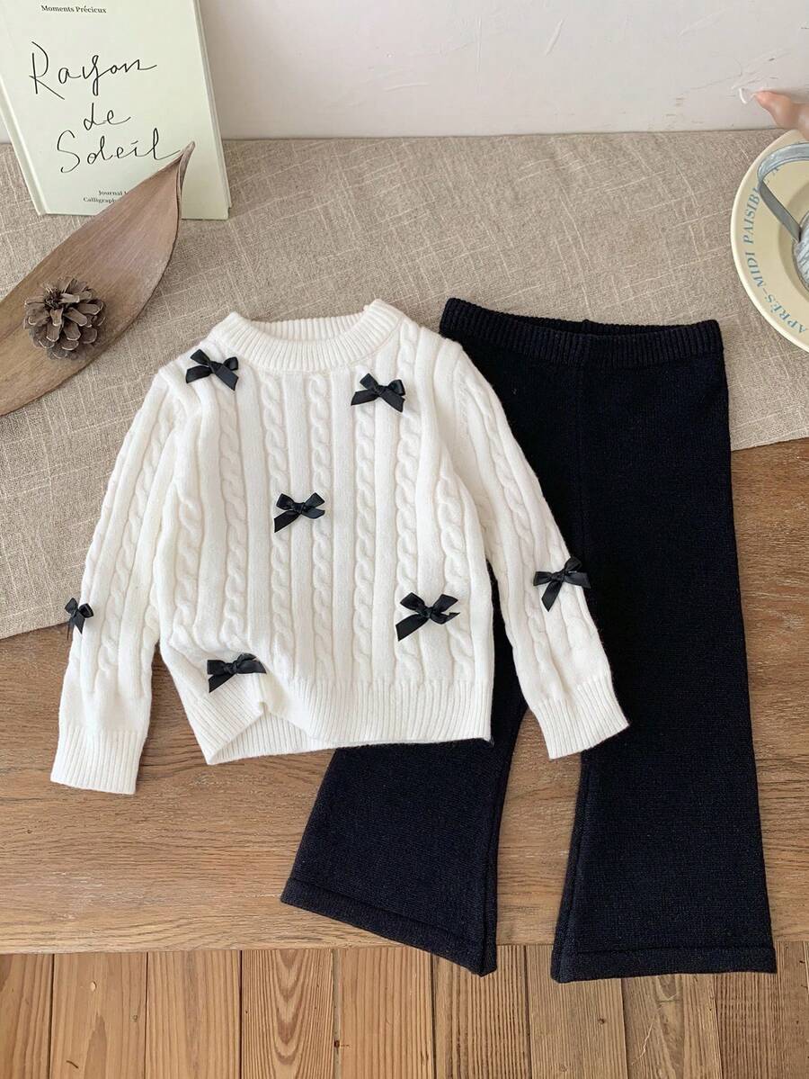 SHEIN Cute Baby Girl Bow Long Sleeve Sweater & Elastic Waist Pants Sets, Casual & Versatile, Autumn/Winter Baby Girl Sweater Set Two Piece Winter Outfits For Toddler Girl Knit Two Piece Toddler Bow Baby Girl Outfit Toddler Girl Knit Set - Multicolor - View 1