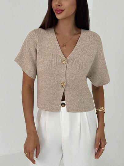 Aloruh New Minimalist Fashionable Office Commute Deep V-Neck Short Sleeve Slim Fit Buttoned Cardigan, Versatile Casual,Knitted Cardigan In Fall/Winter Going Out