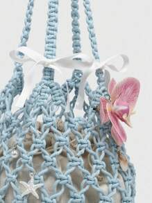 ROMWE Kawaii 女士复古蝴蝶结刺绣英文标语蝴蝶结托特包，大容量适合购物和上学 - 藍色 - 查看 3