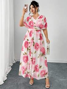 SHEIN Clasi 大码浪漫花卉印花 V 领短袖弹力长裙，适合派对、聚会和正式活动 - 彩色 - 查看 5
