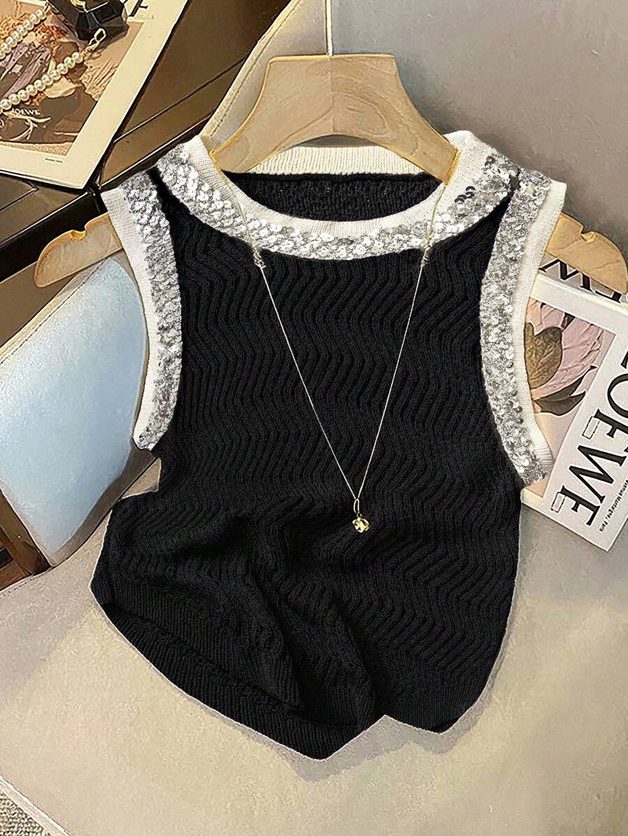 EMERY ROSE New Style Women's Solid Color Elegant Versatile Minimalist Fashion Knit Tank Top - Black - View 1