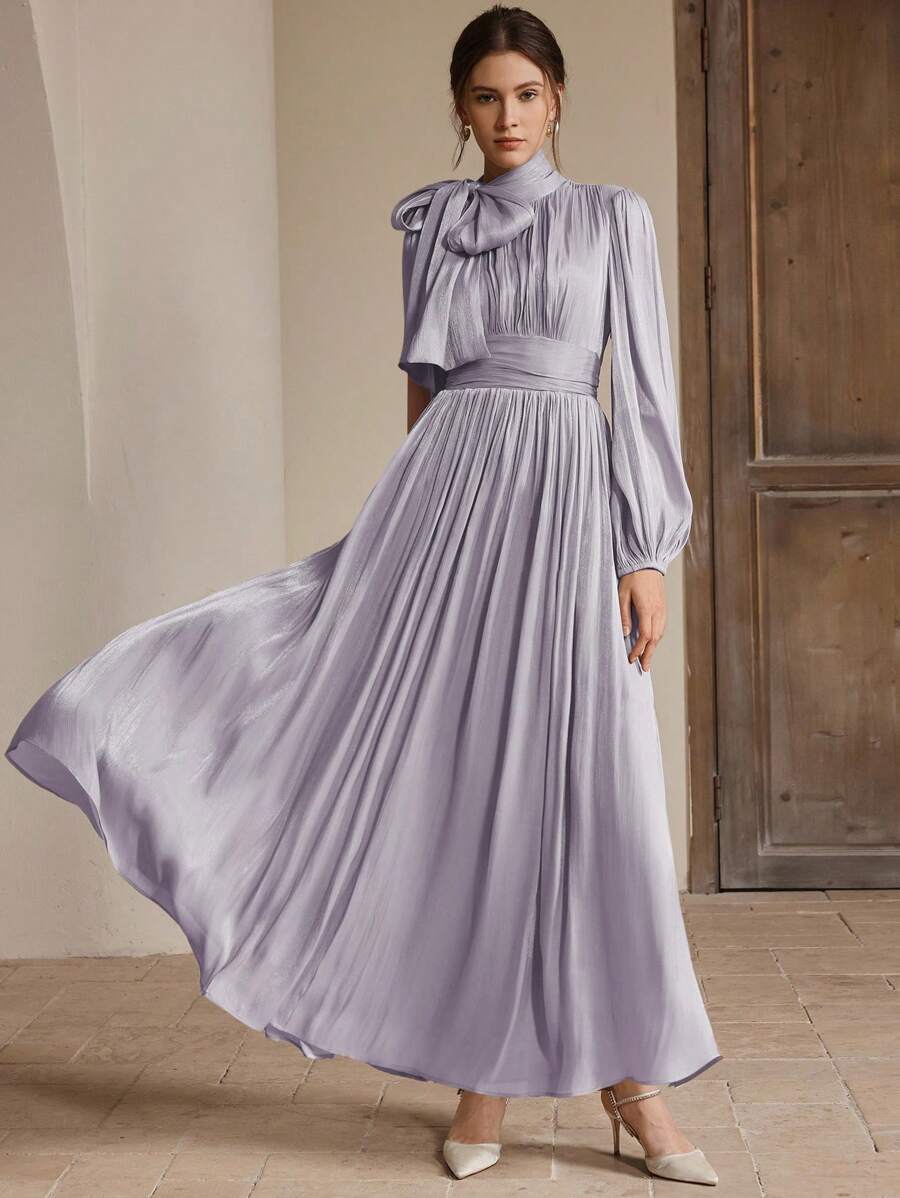 Anewsta 女士长裙，春秋，腰部褶皱闪亮设计，优雅百搭 - 淡紫色 - 查看 1