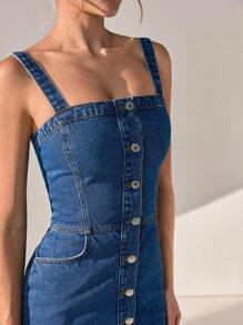 CLARA VERO 小巧斜插口袋纽扣前牛仔中长连衣裙 - 中等水洗藍 - 查看 3