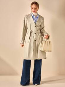 CLARA VERO Belted Water Repellent Long Trench Coat - Beige - View 7