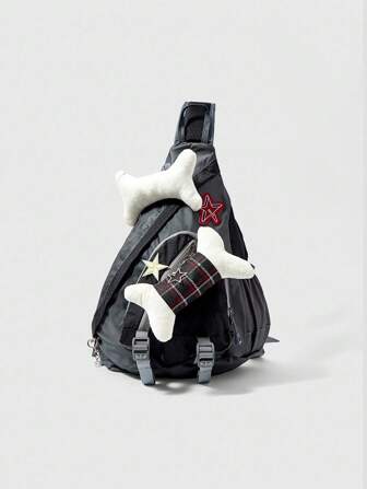 Anime 1pc Black Y2K Punk Style Plaid Embroidered Star & Bone Pattern Adjustable Waist Bag, Suitable For Sports, Shopping, Commuting