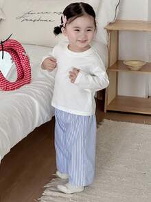 DAZY 女童休闲圆领T恤和条纹宽松裤家居服套装 - 藍白色 - 查看 8