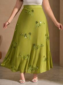Chikora Falda larga de línea A elegante con bordado de lentejuelas para mujer de talla grande, falda larga de verano verde, falda larga floral, falda de lentejuelas, falda bordada, vuelta al colegio, estilo country, concierto country, dinero antiguo, casual de negocios