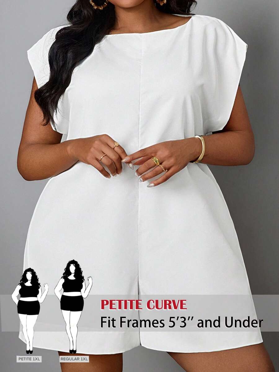 SHEIN PETITE CURVE Mono corto blanco suelto minimalista en talla grande para mujer, casual, vacaciones y salidas, primavera/verano - Blanco - Ver 1