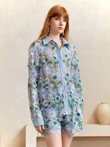 Zanirela Zanirela Blusa elegante de manga larga con botones, con bordado de encaje y flores degradadas, para mujer. Ideal para verano, vacaciones, salidas, festivales, brunch y el verano europeo del otoño. - Multicolor - Ver 6
