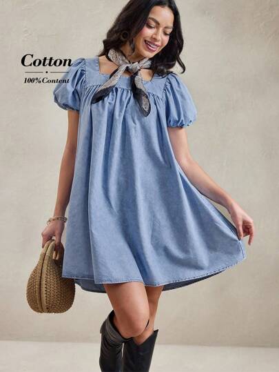 Wildy 女士沙滩方领泡泡袖迷你连衣裙，纯色夏季休闲青年布连衣裙