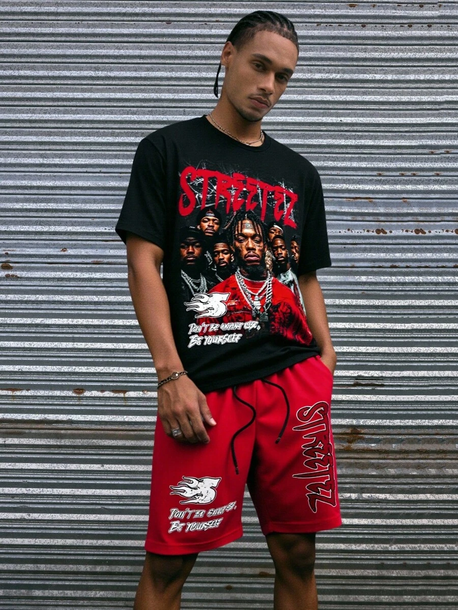 AXEPEAK 2pcs Men's Set: Black Top And Red Shorts Summer Outfit, Streetwear Casual - Multicolor - View 1