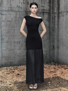 Chiquease Halloween Women's Elegant Cold-Shoulder Asymmetric Neck Chiffon Patchwork Sheer Hem Cinched Waist Dress