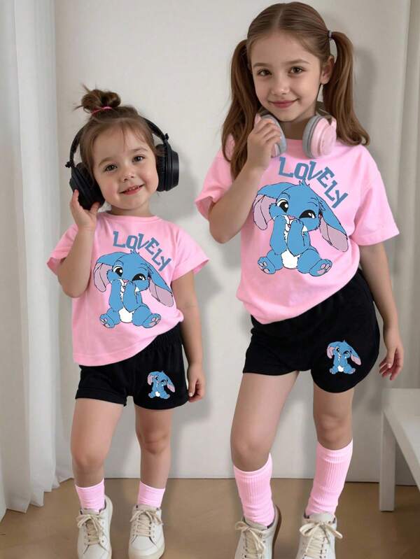 Girls Casual Creative Blue Rabbit Cartoon Graphic Print T-Shirt & Shorts 2-Piece Set Girls Shorts Set For Girls Kids Shorts Set