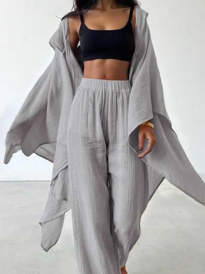 SHEIN LUNE 2 件套大码女式纯色蝙蝠袖长外套和裤子套装，休闲