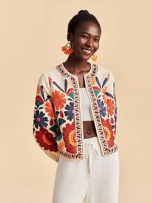 Travachic 杏色梭织面料刺绣长袖花卉外套女绣花夹克女夏季外套花卉印花夹克女式秋冬开衫