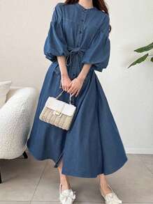 FRIFUL Casual Women Light Wash Denim Shirt Dress With Flared Hem And Bishop Sleeves Denim Dress Long Sleeve Denim Dress Women Denim Dress Blue Denim Dress - Light Wash - View 2