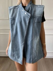 Livesso 女士牛仔无袖垫肩中长夹克