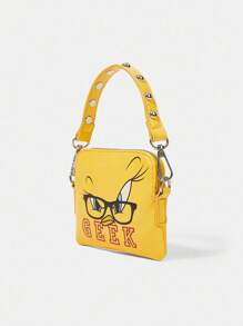 LOONEY TUNES X SHEIN Women's Fashion Personalized Minimalist Cool Streetwear Yellow Print Rivet Handbag, Shoulder Bag, Small Crossbody Bag (3-In-1 Style) - Yellow - View 6