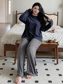Dazy Plus 加大码两件套家居服套装 - 宽松圆领上衣和碎花裤、睡衣/睡衣套装、秋装