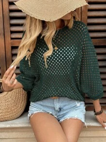 EMERY ROSE 休闲宽松圆领蝙蝠袖镂空针织杏色女毛衣上衣，春秋季 - 墨綠色 - 查看 6