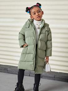 SHEIN Young Girl Loose Solid Color Hooded Long Padded Coat