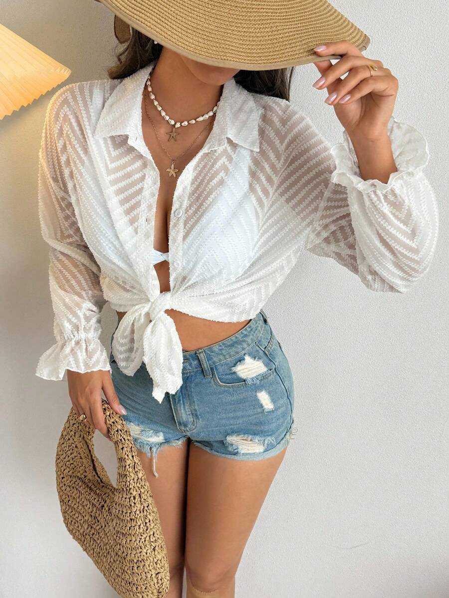 SHEIN Swim Women Sexy Romantic V-Neck Button Long Sleeve Blouse For Summer Beach Vacation