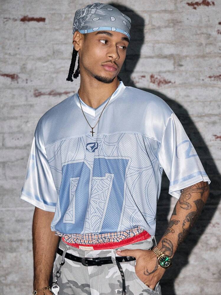 AXEPEAK Street Style V-Neck Short Sleeve Digital Print Loose Fit