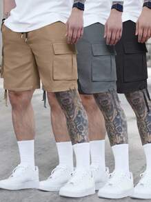 Manfinity Homme 3pcs Men's Casual Street Style Flap Pocket Drawstring Waist Cargo Shorts, Summer - Multicolor - View 5