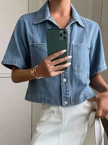 Livesso Chaqueta vaquera de mujer de manga corta con bolsillo parche, estilo informal, lavada, con botones, para el verano - Azul - Ver 4