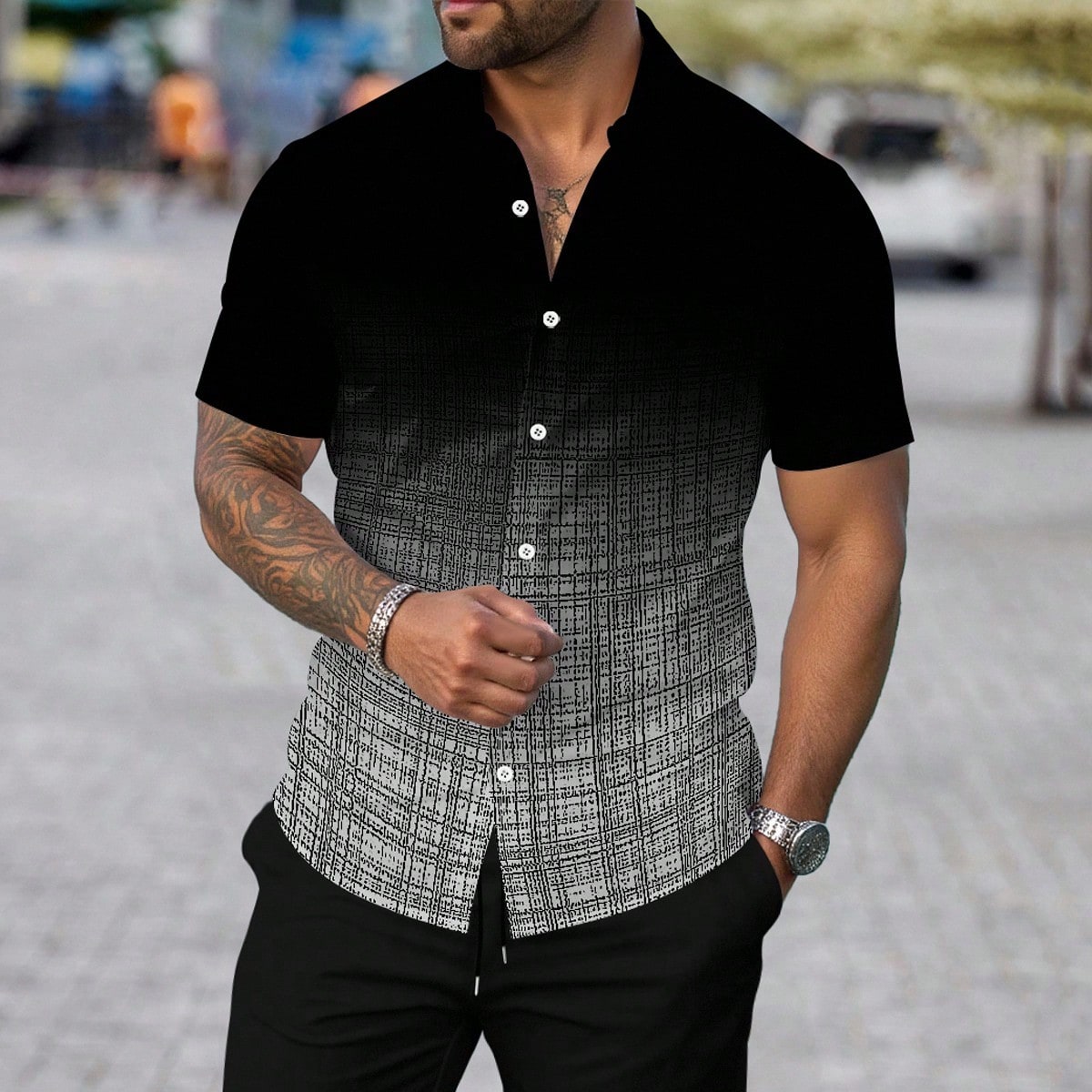 Camisa de manga corta casual de verano para hombres con estilo de camisa de color degradado