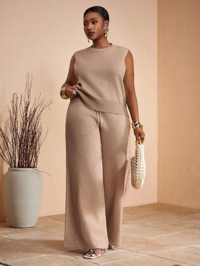 Veslaya Conjunto de 2 piezas: Top básico de punto de cuello redondo sin mangas color marrón sólido y pantalones, elegante y sofisticado para uso diario casual, fiesta, ir a trabajar, damas talla grande, Otoño/Invierno 2025 Nuevas llegadas