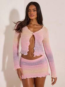 Opulessa Women's Ombre V-Neck Lettuce Trim Cropped Knit Top, Suitable For Spring And Autumn,Business Casual Woman Style, Concert, Party Club Fall Casual - Pink - View 6