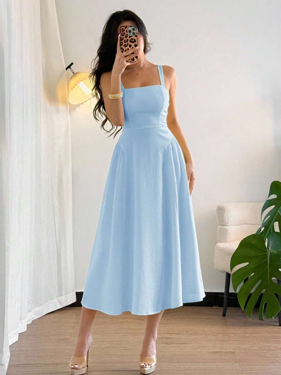 Firerie 女士夏季优雅简约度假海滩黄色褶皱纹理吊带背心束腰 A 字中长连衣裙 - 淺藍色 - 查看 1