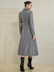 Aveloria Modichic 欧美新款派对富家女高端优雅钉珠面料西装领收腰修身垫肩前开长袖连衣裙 - 灰色 - 查看 3