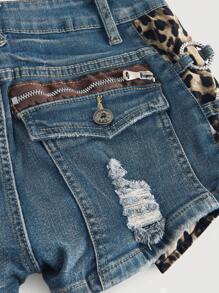 ROMWE J-Fashion Y2K 原宿辣妹千禧性感低腰豹纹复古紧身超低腰女式牛仔短裤 - 藍色 - 查看 5