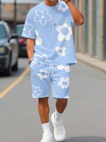 Manfinity Homme 2件套男士休闲短袖T恤和宽松短裤套装男士两件套短裤套装短款2件套男士套装花朵，舒适服装 - 淺藍色 - 查看 1