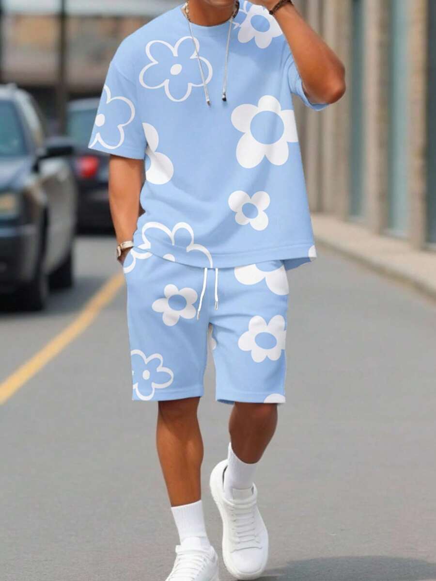 Manfinity Homme 2件套男士休闲短袖T恤和宽松短裤套装男士两件套短裤套装短款2件套男士套装花朵，舒适服装 - 淺藍色 - 查看 1