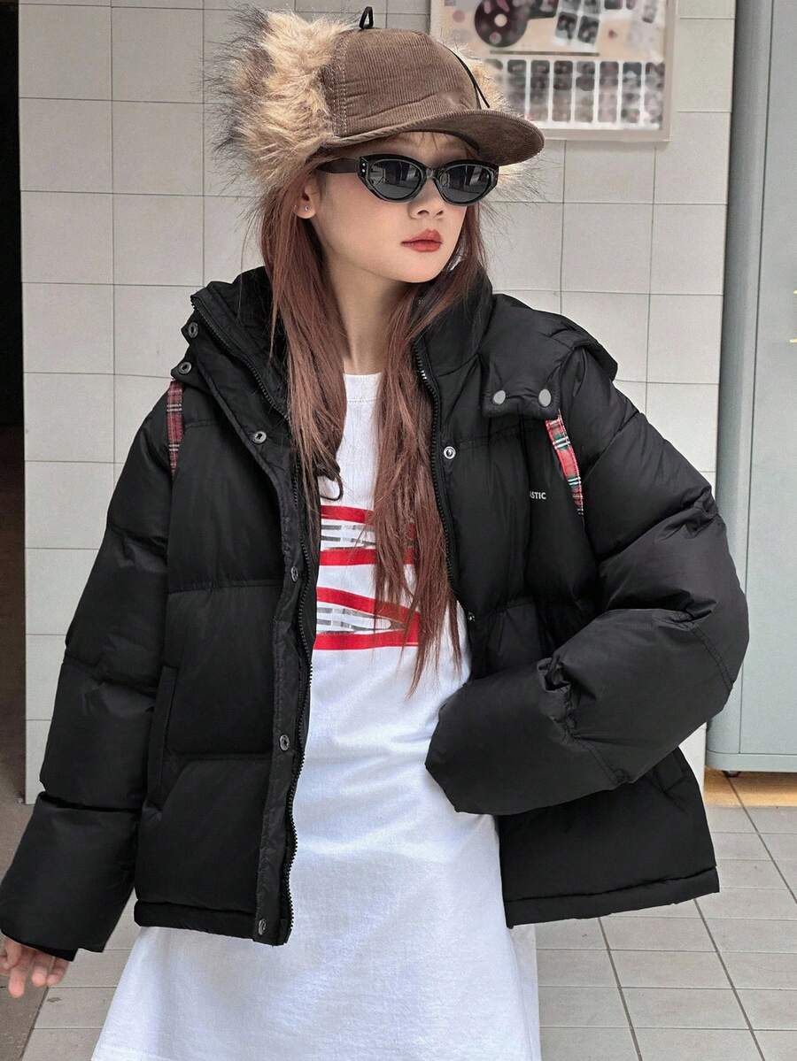 DAZY 青少年女孩冬季休闲百搭连帽夹克 - 黑色 - 查看 1