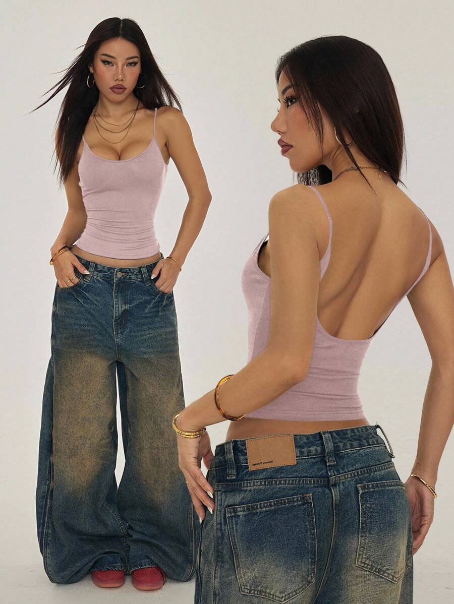 SHEIN PETITE Áo ba lỗ dây mảnh màu trơn thường ngày đa năng cho nữ mùa hè - Màu tím - Xem 1