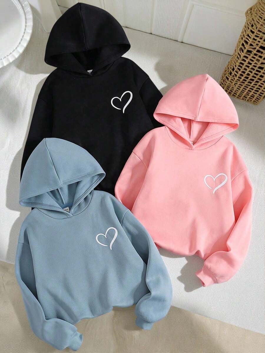 SHEIN 3pcs Tween Girls' Loose Casual Comfortable Soft Versatile Heart Print Sweatshirt Set,In Fall/Winter - Multicolor - View 1