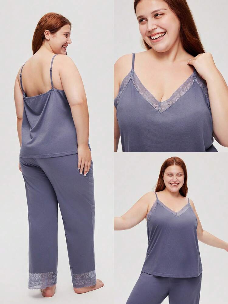 女性用 プラスサイズ 通気性抜群 100%コットン ミスティーフォレストスタイル レース エレガントトリム ブライダルインナー Vネック キャミソールトップ&パンツ エアリールームウェア パジャマセット ポケット付きパンツ ランジェリー ロマンチック ホームコージー