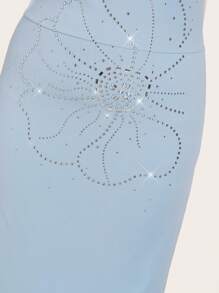 Modelyn Plus Size Solid Color Crystal Decor Asymmetric Neckline Short Sleeve Dress - Blue - View 3