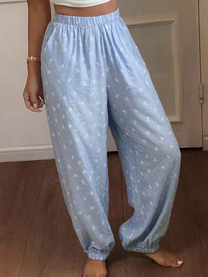 DAZY Women's Bow Pattern Allover Print Ruched Hem Lantern Pajama Pants, Fall